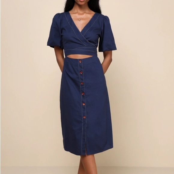 Lulus Dresses & Skirts - Lulu’s (NWT) Navy Blue Linen Wrap Front Cutout Midi Dress